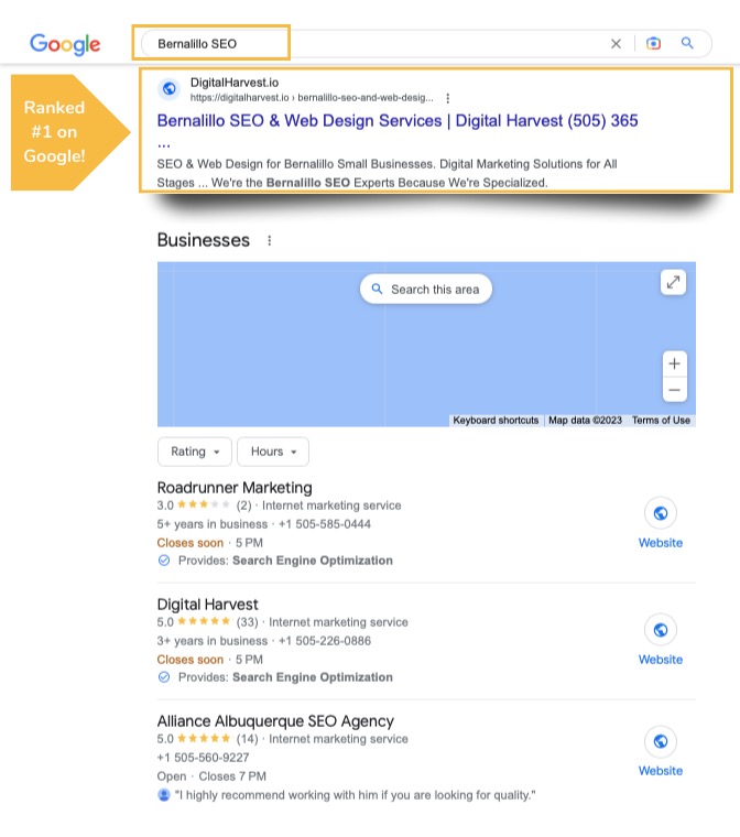 screenshot of Digital Harvest ranked number 1 in Bernalillo NM for the term Bernalillo SEO'