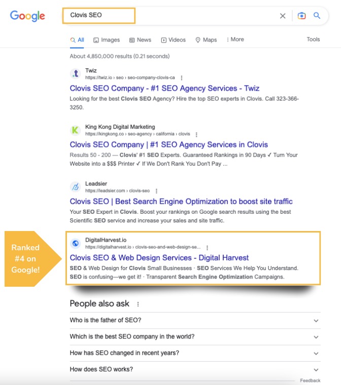 Screenshot of Digital Harvest ranked number 4 in Clovis NM for the term Clovis SEO'