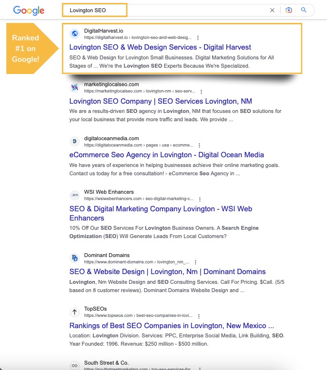 Screenshot of Digital Harvest ranked number 1 in Lovington NM for the term Lovington SEO'